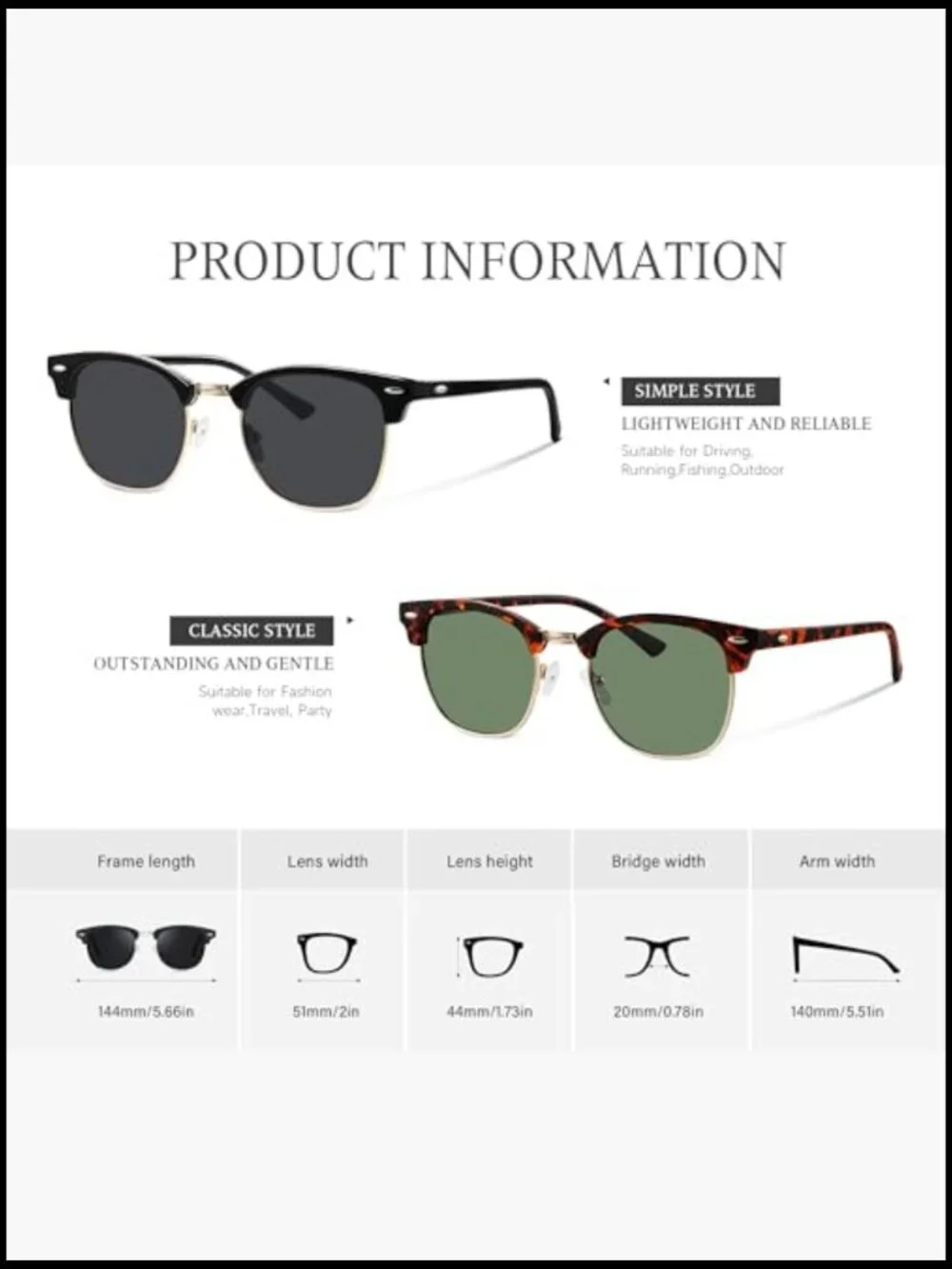 Polarized Sunglasses Semi-Rimless UV Protection Driving